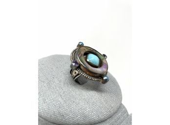 Artisan Signed Sterling Silver Mother Of Pearl And Turquoise Ring Sz. 9