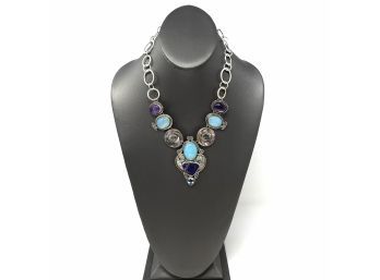 Artisan Signed Sterling Silver Necklace W Bezel Set Chalcedony, Amethyst, Drusy- Blue And Purple Motif