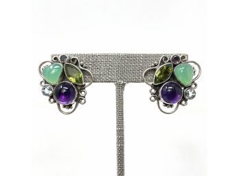 Artisan Signed Sterling Silver Post Earrings W Amethyst Chalcedony, Peridot, And Topaz Stones