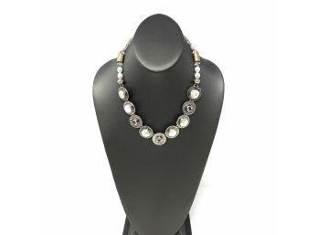 Artisan Signed Sterling Silver And Brass Necklace W/ Pearl Beads And Bezel Set Quartz And Button Pearls