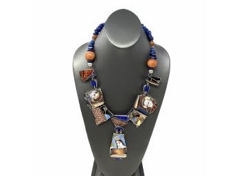 Signed Sterling Silver Artisan Necklace W Lapis And Carnelian Beads And Bezel Set Sat Suma Findings