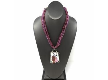 Signed Sterling Silver Necklace W Pink Pearl And Faceted Beads, Bezel Set Hand Painted Japanese Ceramic