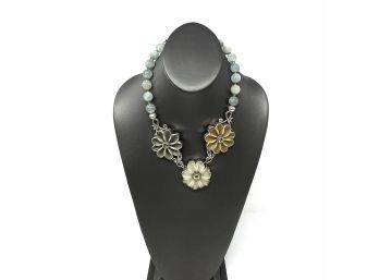Artisan Signed Sterling Silver Necklace W Jade And Peridot Beads And 3 Carved Jade Flowers
