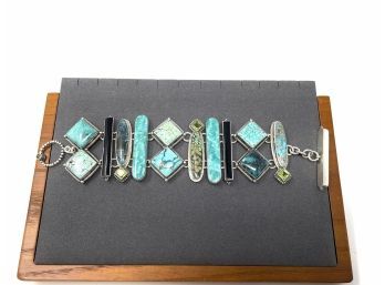 Signed Artisan Sterling Silver Toggle Clasp Bracelet W Different Turquoise, Black Onyx, And Peridot Stones