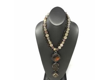 Signed Sterling Silver Necklace WRutilated Quartz Beads And Bezel Set Jasper, Ammonite Fossil, Citrine Pendant