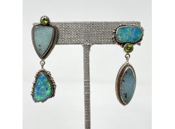 Artisan Signed Sterling Silver Asymmetrical Post Earrings W Peridot, Blue Drusy, And Blue Opals