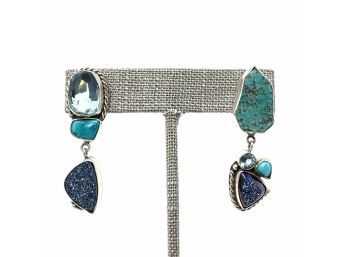 Artisan Signed Sterling Silver Asymmetrical Post Earrings With Turquoise, Blue Drusy, And Aqua Stones