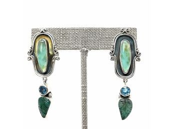 Artisan Signed Sterling Silver Post Earrings With Turquoise, Carved Turquoise Stone Leaves, And Blue Gemstones
