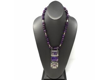 Artisan Signed Sterling Silver Necklace W/ Sugilite Faceted Beads And Bezel Set Sugilite And Amethyst Stones