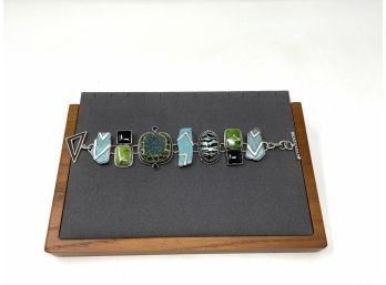Signed Artisan Sterling Silver Toggle Clasp Bracelet W Turquoise, Onyx, And Drusy Stones