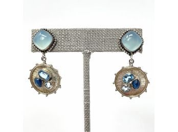 Artisan Signed Sterling Silver Post Earrings W Graduated Blue Gemstones