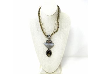 Artisan Signed Sterling Silver Necklace W Agate Stone Beads Bezel Set Boulder Opal, Drusy, And Smokey Quartz