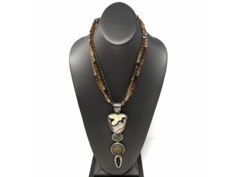 Artisan Signed Sterling Silver Necklace W/ Ombre Agate Beads, Bezel Set Jasper, Labradorite, Carved Jade Stone