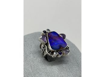 Artisan Signed Sterling Silver Ring W Brilliant Boulder Opal And Amethyst Stones Sz. 8.5