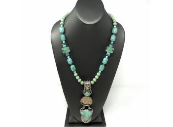 Signed Sterling Silver Necklace W Aventurine, Turquoise, Jade Beads And Bezel Set Chalcedony, Peridot, Drusy