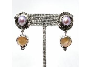 Artisan Signed Sterling Silver Post Earrings W Purple And Orange Pearls