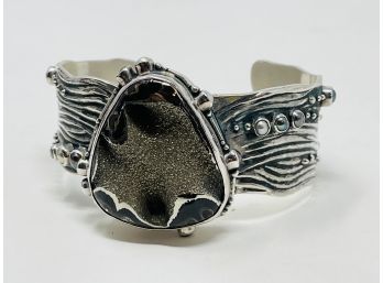 Artisan Signed Sterling Silver Cuff With Large Black Druzy And Pearl