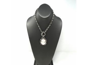 Signed Sterling Silver Artisan Necklace W Bezel Set Pearl, Crystal, Pink Gemstones And Unique Cameo
