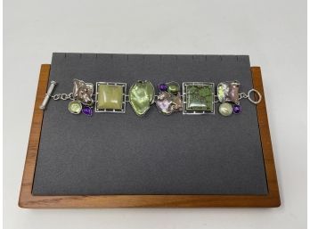 Signed Artisan Sterling Silver Toggle Clasp Bracelet  W Green Turquoise, Pearls, And Amethyst Stones
