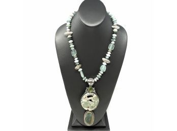 Signed Sterling Silver Artisan Necklace W Bezel Set Carved Jade, Jasper, And Peridot Gemstones