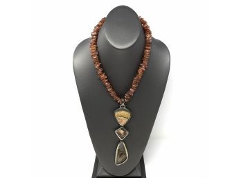 Artisan Signed Sterling Silver Necklace W Agate Beads And Bezel Set Jasper, Quartz, And Drusy Pendant