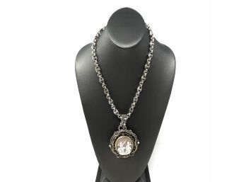 Signed Sterling Silver And Brass Artisan Necklace W Bezel Set Pearl, Crystal, And Angel Cameo