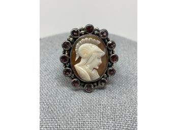 Artisan Signed Sterling Silver Cameo Ring W Ombre Pink Stones And Trojan Warrior Cameo Sz.7