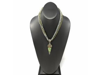 Artisan Sterling Silver Necklace W/ Ombre Green Pearl Beads And Bezel Set Turquoise, Rutilated Quartz, Peridot