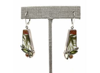 Artisan Signed Sterling Silver French Clasp Earrings W Green And Orange Hand Painted Findings, Peridot, Pearl