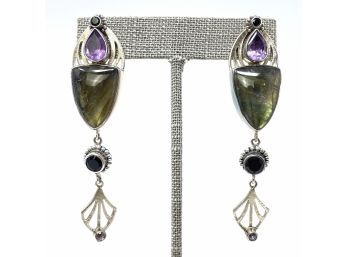 Artisan Signed Sterling Silver Post Earrings W Amethyst, Labradorite, And Black Onyx Stones