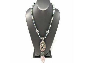 Signed Sterling Silver Artisan Jade, Pink Druzy, And Labradorite Bezel Set Gemstones