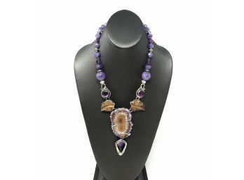 Artisan Signed Sterling Silver Necklace W Amethyst  Beads And Bezel Set Agate And Amethyst Stones