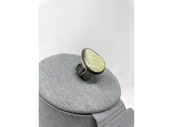 Artisan Signed Sterling Silver Ring With Decorative Band And Polished Yellow Stone Sz. 7.75