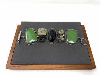 Signed Artisan Sterling Silver Toggle Clasp Bracelet W/ Onyx, Moss Agate, Peridot And Quartz Stones