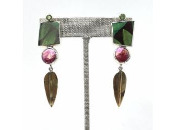 Artisan Signed Sterling Silver And Brass Post Earrings W Dark Green Findings, Pink Pearl, Brass Feather