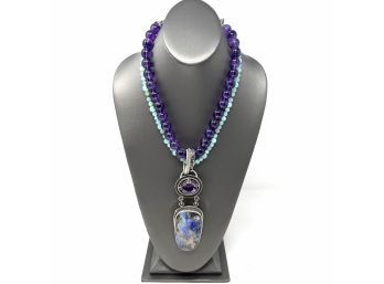Sterling Silver Bezel Set Large Boulder Opal And Amethyst With Amethyst And Faceted Amazonite Bead Necklace