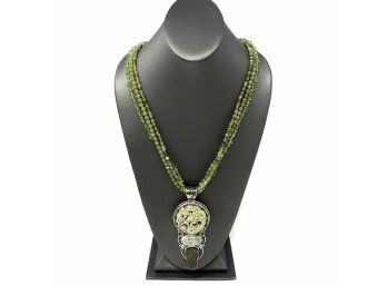 Artisan Sterling Silver Necklace W Faceted Jade, Peridot Beads And Bezel Set Carved Jade, Ethiopian Opal