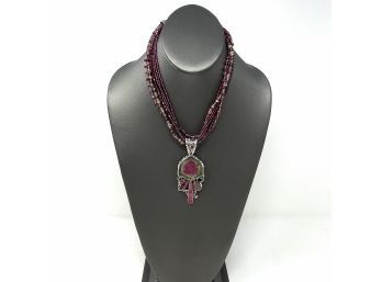 Artisan Signed Sterling Silver Necklace W Garnet Micro Beads, Bezel Set Watermelon Quartz And Pink Drusy