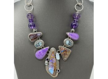 Artisan Signed Sterling Silver Necklace W Amethyst Beads And Bezel Set Boulder Opals, Sugalite, Faceted Topaz