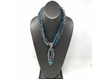 Artisan Signed Sterling Silver Necklace With Aqua Stone Beads And Bezel Set Blue Drusy And Large Boulder Opal