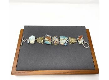 Signed Artisan Sterling Silver And Brass Toggle Clasp Bracelet W Topaz, Pearl, And Satsuma Pottery Findings