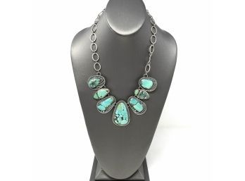 Signed Sterling Silver Artisan Necklace With 7 Bezel Set Large Turquoise Stones