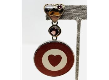 Artisan Signed Sterling Silver And 18K Pendant With Red And White Heart Finding And Pink Gemstones