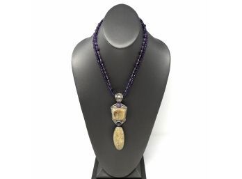 Artisan Signed Sterling Silver Necklace W/ Faceted Amethyst Beads And Bezel Set Druzy, Amethyst, And Jasper
