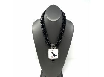 Artisan Signed Sterling Silver Necklace W Faceted Onyx Beads And Bezel Set Hand Painted Ceramic Puffin