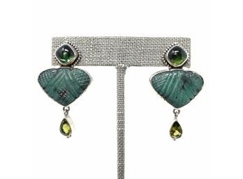 Artisan Signed Sterling Silver Post Earrings W Green Tourmaline, Carved Turquoise, And Peridot Stones
