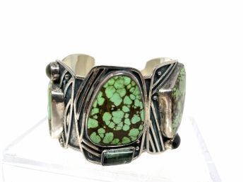 Large Heavy Artisan Signed Sterling Turquoise Cuff