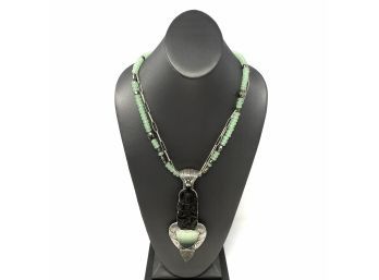 Signed Sterling Silver Necklace W Green Chalcedony Beads, Bezel Set Drusy, Jasper, And Carved Hematite Buddha