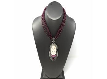 Artisan Signed Sterling Silver Necklace W Garnet Micro Beads And Bezel Set Carved Coral Buddha And Pink Drusy