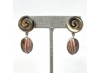 Artisan Signed Sterling Silver Post Earrings W Carved Abalone Swirls And Crazy Lace Agate